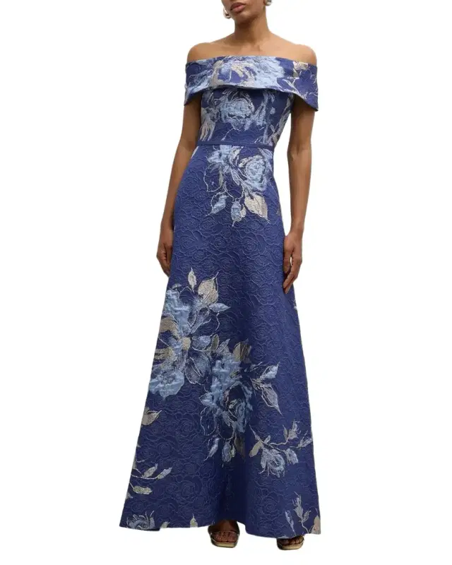Rickie Freeman for Teri Jon Off-Shoulder Metallic Flower Jacquard Gown