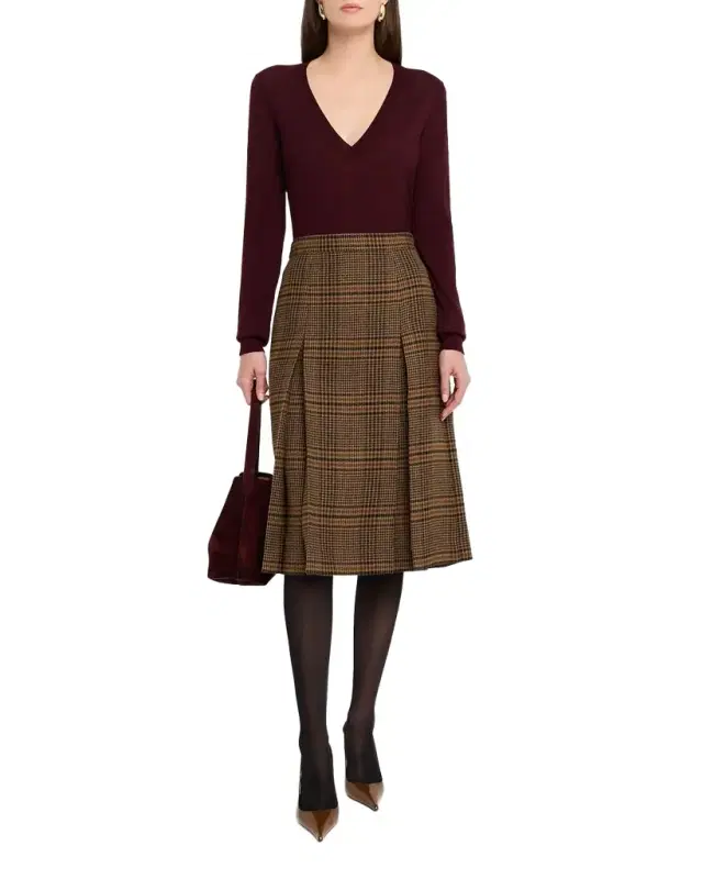 Jupe Pleated Houndstooth Wool-Blend Midi Skirt