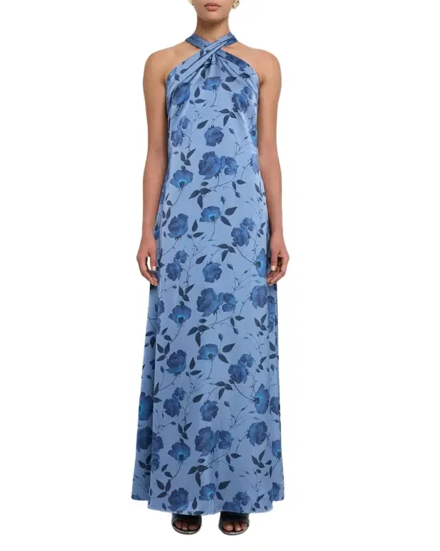Laurant Floral-Print Satin Crepe Halter Gown