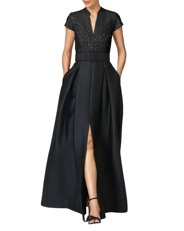 Arden Pleated Sequin Tweed & Mikado Gown