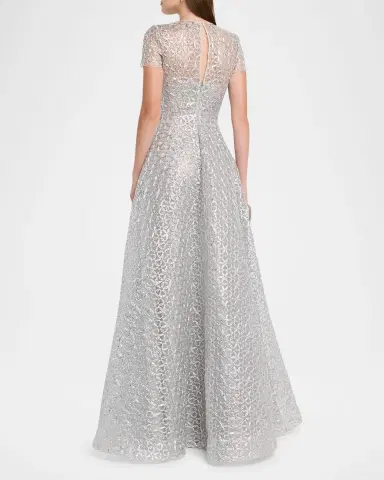 Naeem Khan Metallic Raffia Embroidered Short-Sleeve Gown | Thumbnail 2 Naeem Khan Metallic Raffia Embroidered Short-Sleeve Gown | Thumbnail 2