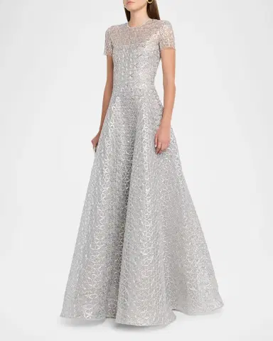 Naeem Khan Metallic Raffia Embroidered Short-Sleeve Gown | Thumbnail 3 Naeem Khan Metallic Raffia Embroidered Short-Sleeve Gown | Thumbnail 3