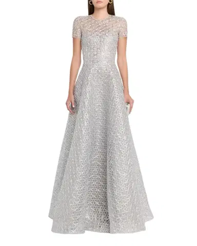 Naeem Khan Metallic Raffia Embroidered Short-Sleeve Gown | Thumbnail 1 Naeem Khan Metallic Raffia Embroidered Short-Sleeve Gown | Thumbnail 1