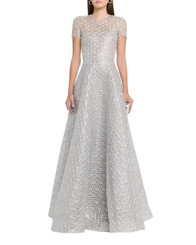 Naeem Khan Metallic Raffia Embroidered Short-Sleeve Gown