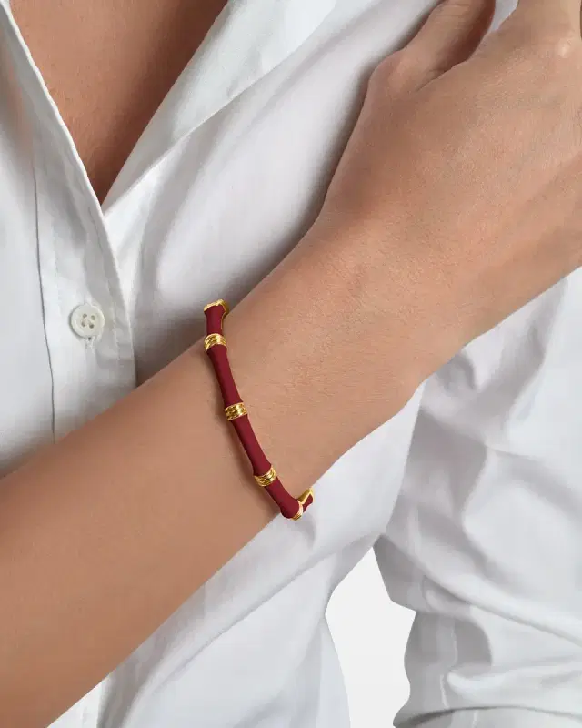 Bamboo Enameled Hinged Bangle, Dark Red Bamboo Enameled Hinged Bangle, Dark Red