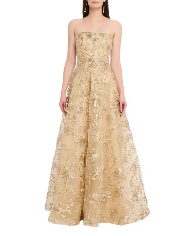 Strapless Metallic Raffia Embroidered Gown