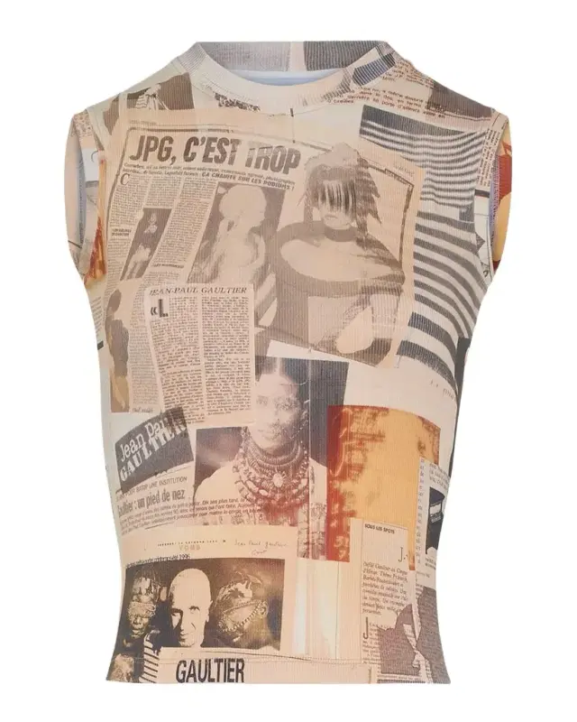 Newspaper-Print Cotton Ribbed Tank Top