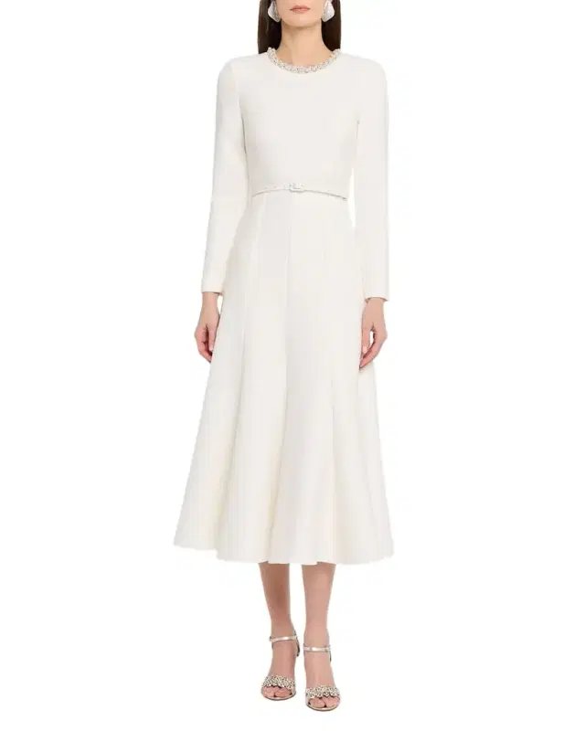 Crystal-Neck Belted Long-Sleeve Midi Dress