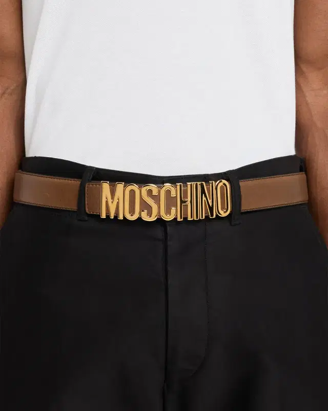 MOSCHINO Men's Lettering Logo Leather Belt, Chocolate