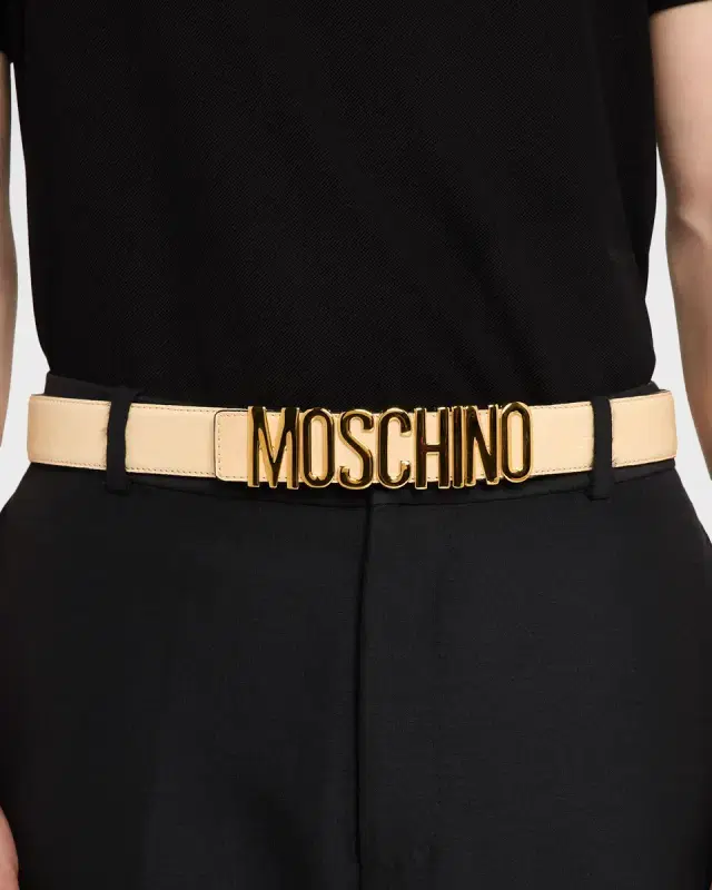 MOSCHINO Men's Lettering Logo Leather Belt, Sand