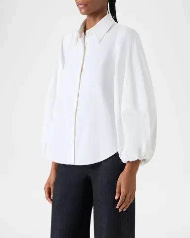 Akris punto Balloon-Sleeve Cotton Satin Button-Down Shirt Blouse | Thumbnail 3 Akris punto Balloon-Sleeve Cotton Satin Button-Down Shirt Blouse | Thumbnail 3