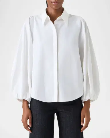 Akris punto Balloon-Sleeve Cotton Satin Button-Down Shirt Blouse | Thumbnail 5 Akris punto Balloon-Sleeve Cotton Satin Button-Down Shirt Blouse | Thumbnail 5