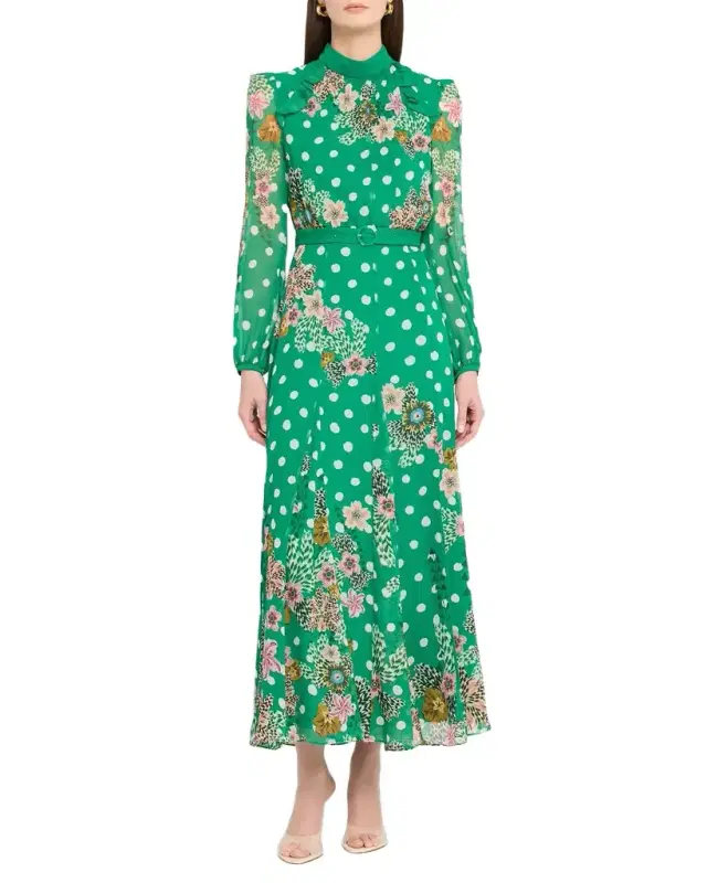 Jacqui-B Belted Floral Silk Midi Dress