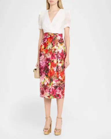 BADGLEY MISCHKA Chiffon and Floral-Print Mikado Midi Sheath Dress | Thumbnail 3 BADGLEY MISCHKA Chiffon and Floral-Print Mikado Midi Sheath Dress | Thumbnail 3