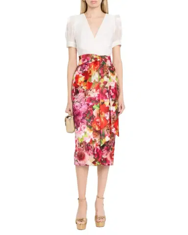 BADGLEY MISCHKA Chiffon and Floral-Print Mikado Midi Sheath Dress | Thumbnail 1 BADGLEY MISCHKA Chiffon and Floral-Print Mikado Midi Sheath Dress | Thumbnail 1