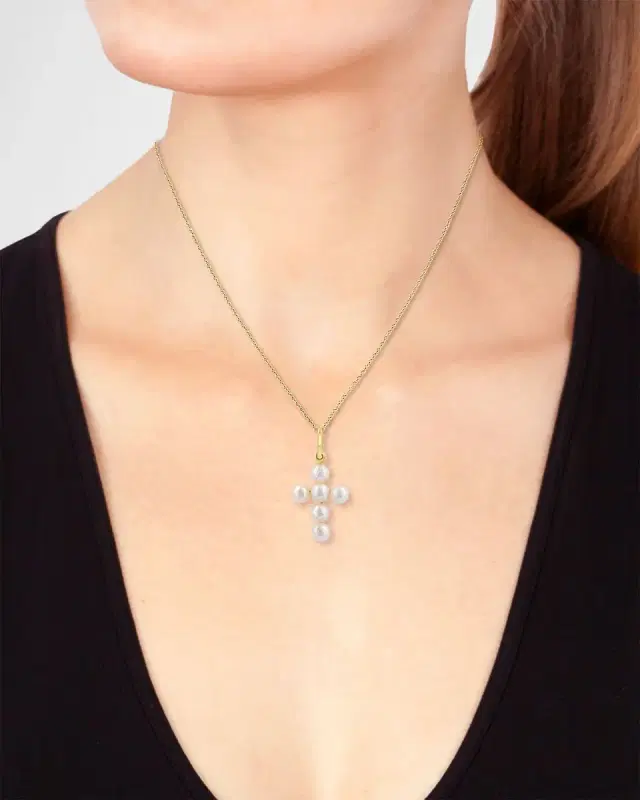 18K Yellow Gold Freshwater Pearl Cross Pendant Necklace