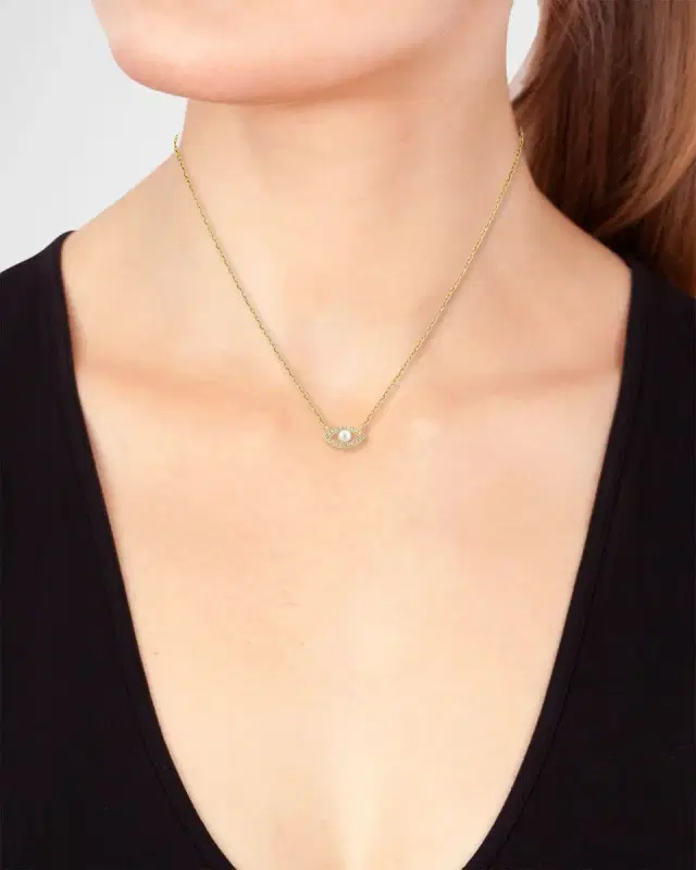 18K Yellow Gold Diamond and Pearl Evil Eye Necklace