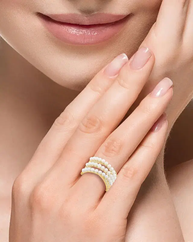 18K Yellow Gold Diamond and Pearl 3-Row Ring