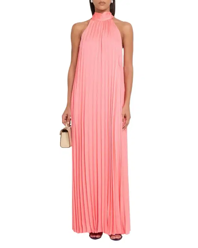 Beverly Pleated Trapeze Halter Gown