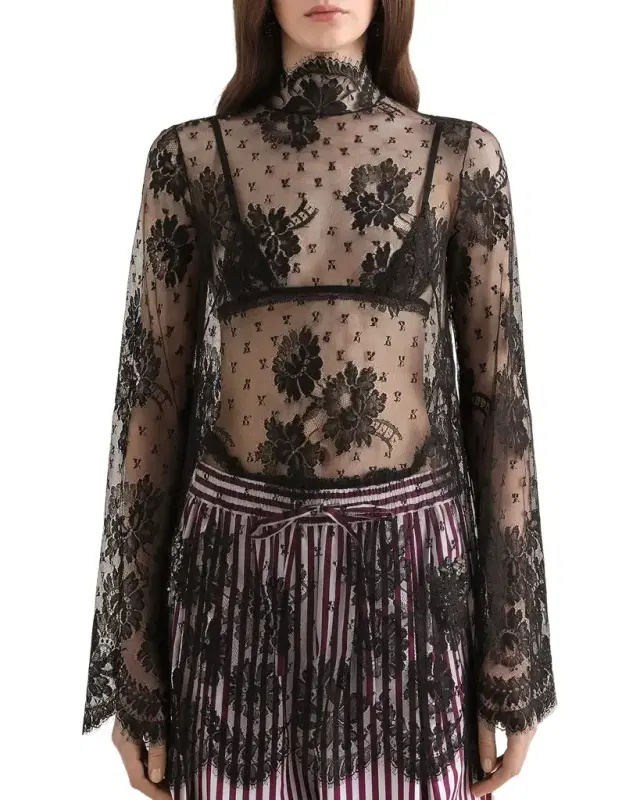 Dolce & Gabbana Mock-Neck Sheer Lace Long-Sleeve Mini Dress