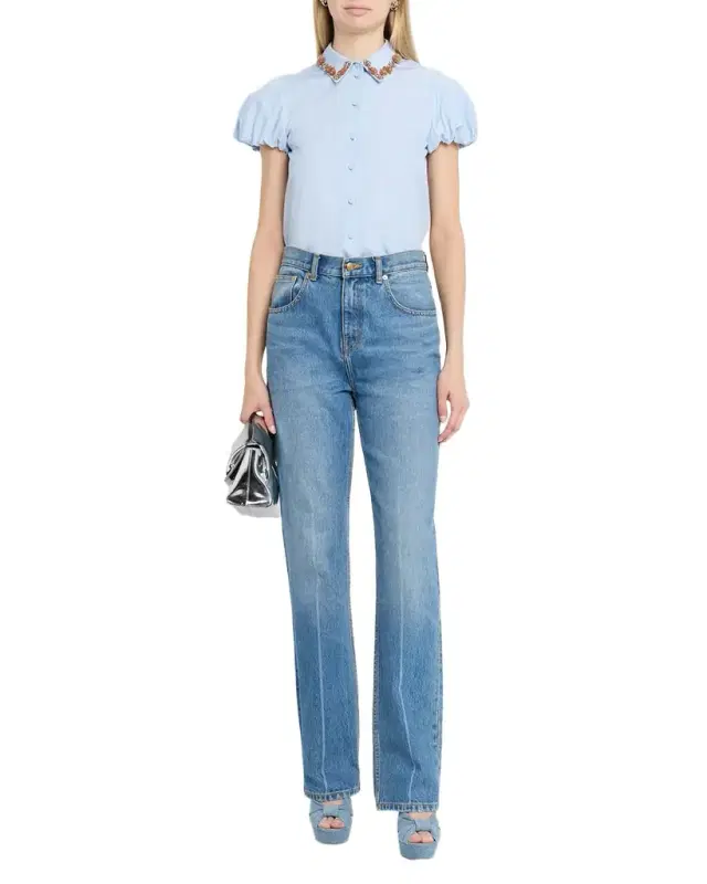Dice Kayek Embellished Collar Puff-Sleeve Button-Down Shirt