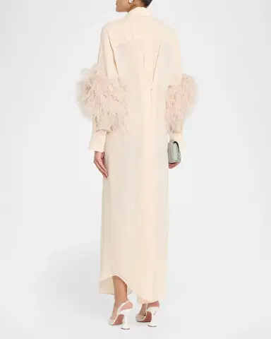 Lapointe Feather-Trim Long-Sleeve Georgette Maxi Shirtdress | Thumbnail 2 Lapointe Feather-Trim Long-Sleeve Georgette Maxi Shirtdress | Thumbnail 2