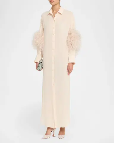 Lapointe Feather-Trim Long-Sleeve Georgette Maxi Shirtdress | Thumbnail 3 Lapointe Feather-Trim Long-Sleeve Georgette Maxi Shirtdress | Thumbnail 3