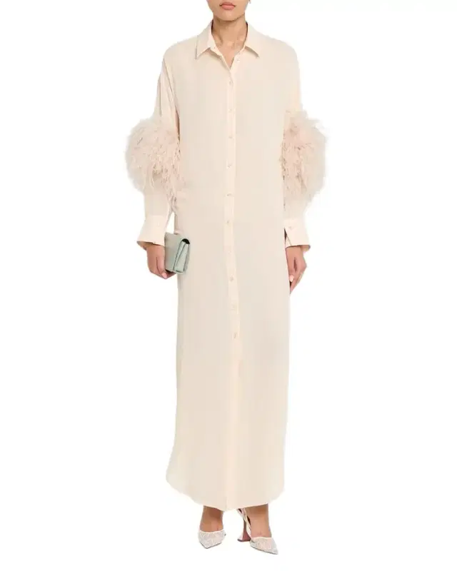 Feather-Trim Long-Sleeve Georgette Maxi Shirtdress