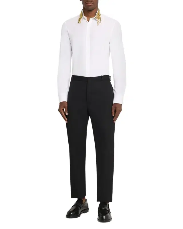 McQueen Men 's Metal Leaves and Crystal-Embellished Collar Poplin Dress Shirt