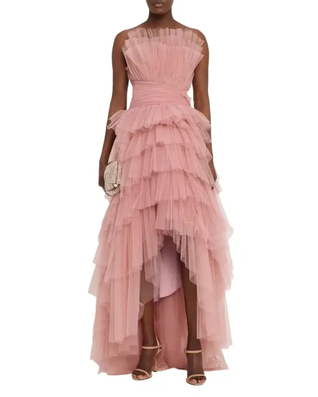 Strapless Tiered Tulle High-Low Gown