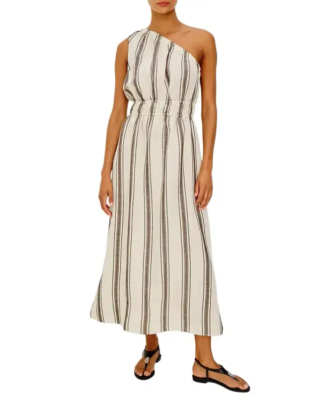 Selani Stripe One-Shoulder Linen Midi Dress