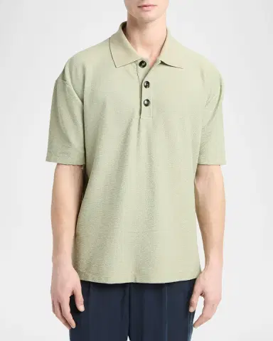 Giorgio Armani Men's Seersucker Relaxed-Fit Polo Shirt | Thumbnail 3 Giorgio Armani Men's Seersucker Relaxed-Fit Polo Shirt | Thumbnail 3