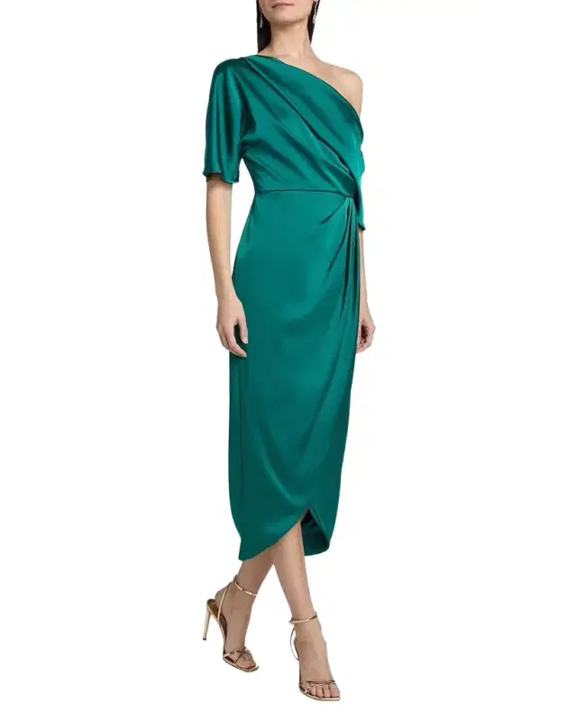Theia Rayna Draped One-Shoulder High-Low Gown