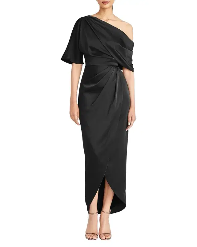 Theia Rayna Draped One-Shoulder High-Low Gown