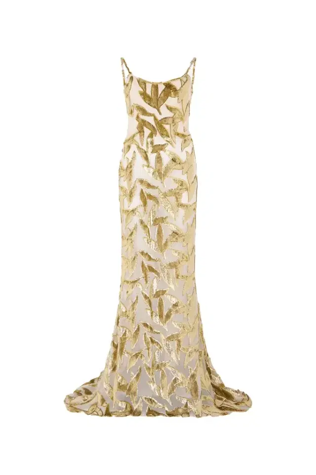 Roberto Cavalli Extra-long Sheer Ivory Dress with Foliage Motif