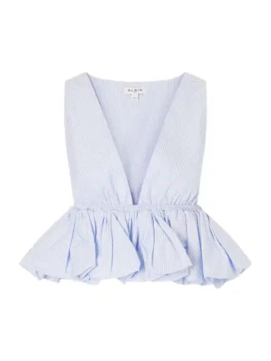 Alaïa Cropped Ruffled Striped Cotton-poplin Blouse | Thumbnail 1 Alaïa Cropped Ruffled Striped Cotton-poplin Blouse | Thumbnail 1
