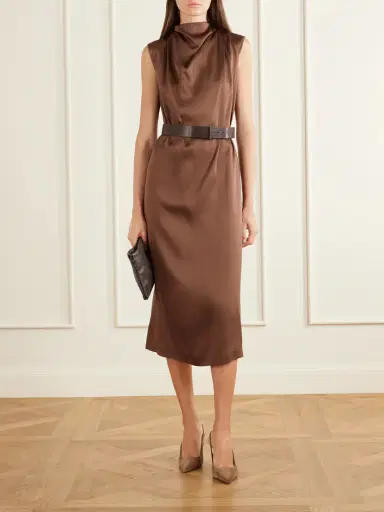 Brunello Cucinelli Belted Satin Midi Dress | Thumbnail 2