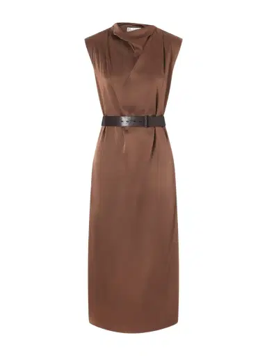 Brunello Cucinelli Belted Satin Midi Dress | Thumbnail 1