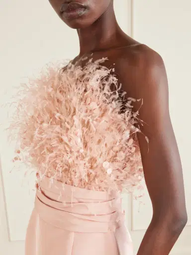 Oscar de la Renta Point D’esprit Strapless Embellished Feather-trimmed Silk-faille Gown | Thumbnail 4