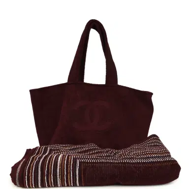 Chanel Chanel Coco Beach CC Beach Tote Bag & Towel Set Burgundy Terry Silver Hardware | Thumbnail 1