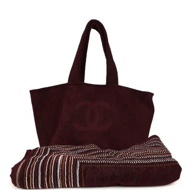 Chanel Chanel Coco Beach CC Beach Tote Bag & Towel Set Burgundy Terry Silver Hardware