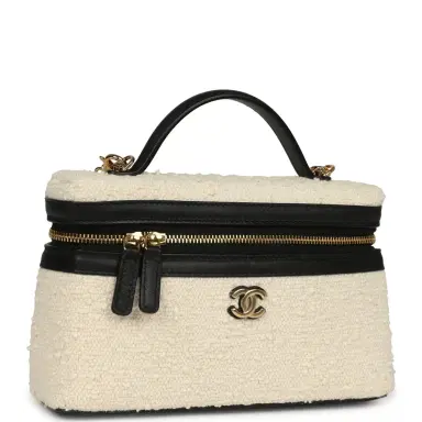 Chanel Chanel Coco Beach Top Handle Long Vanity Case with Chain Ecru Tweed and Black Calfskin Gold Hardware | Thumbnail 2