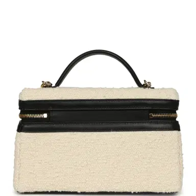 Chanel Chanel Coco Beach Top Handle Long Vanity Case with Chain Ecru Tweed and Black Calfskin Gold Hardware | Thumbnail 4
