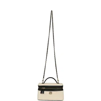 Chanel Chanel Coco Beach Top Handle Long Vanity Case with Chain Ecru Tweed and Black Calfskin Gold Hardware | Thumbnail 7