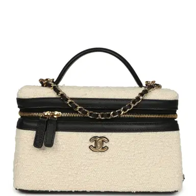 Chanel Chanel Coco Beach Top Handle Long Vanity Case with Chain Ecru Tweed and Black Calfskin Gold Hardware | Thumbnail 1