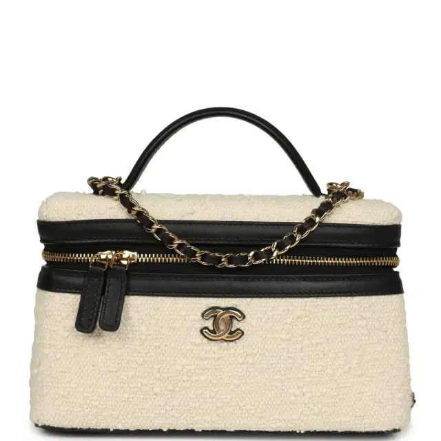Chanel Chanel Coco Beach Top Handle Long Vanity Case with Chain Ecru Tweed and Black Calfskin Gold Hardware