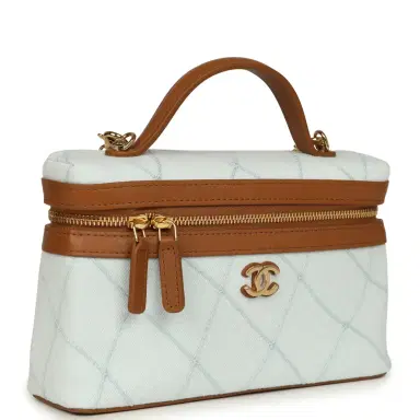 Chanel Chanel Coco Beach Top Handle Long Vanity Case with Chain Light Blue Denim and Brown Calfskin Gold Hardware | Thumbnail 2