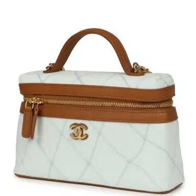 Chanel Chanel Coco Beach Top Handle Long Vanity Case with Chain Light Blue Denim and Brown Calfskin Gold Hardware | Thumbnail 5