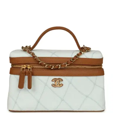 Chanel Chanel Coco Beach Top Handle Long Vanity Case with Chain Light Blue Denim and Brown Calfskin Gold Hardware | Thumbnail 1