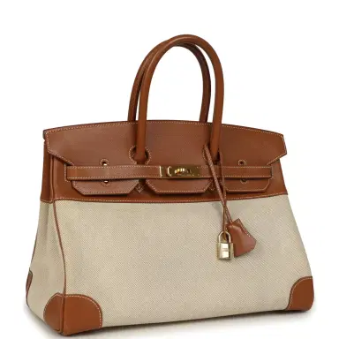 HERMÈS Vintage Hermes Birkin 35 Gold Courchevel and Gold-Ecru Toile H Canvas Gold Hardware | Thumbnail 2 HERMÈS Vintage Hermes Birkin 35 Gold Courchevel and Gold-Ecru Toile H Canvas Gold Hardware | Thumbnail 2